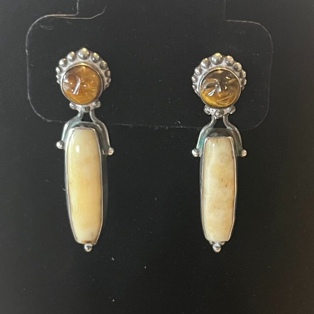 Vintage Sterling Silver White Agate & Tiger’s Eye Drop Earrings